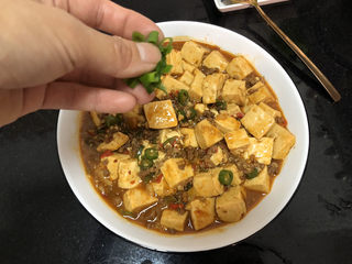 28、肉末炖豆腐,装盘，撒葱末，上桌开吃