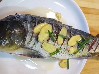 3、红烧鲤鱼,加入姜葱，料酒，盐抓均匀，腌制二十分钟