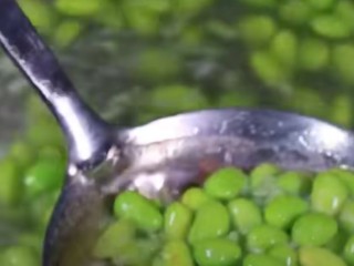 12、毛豆炒肉丝,起锅烧水，放入适量盐和食用油，放入毛豆焯水，毛豆煮熟之后捞出控水备用！