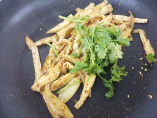 15、手撕杏鲍菇,再加入香菜，一起炒