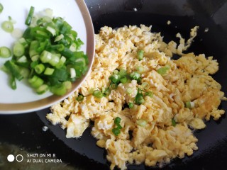 3、菜煎饼（韭菜鸡蛋馅）,加入小葱。