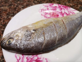 2、酱焖黄花鱼,将黄花鱼去除内脏清洗干净，用刀在鱼背上划几道口子。