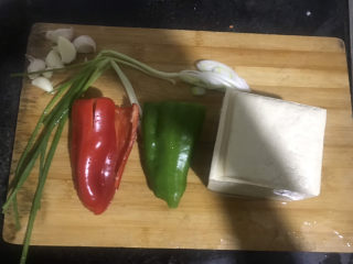 1、家常烧豆腐,准备好食材，豆腐，青椒红椒和葱都洗干净，晚上做的菜，拍照手的影子都在上面????????