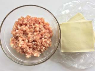1、红油抄手,备好猪肉末和馄饨皮