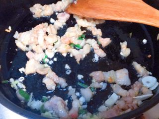 11、实用快手系列@@甘蓝菜尖椒炒肉丝,下肉丝，不停翻炒，炒至变色。