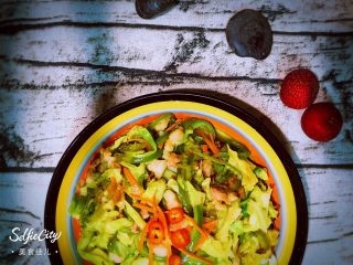 16、实用快手系列@@甘蓝菜尖椒炒肉丝,有点尖椒的辣，有点甘蓝菜和胡萝卜的甜，有点肉的咸香。蛋白质，维生素，热量都来点！嗯，还不错！