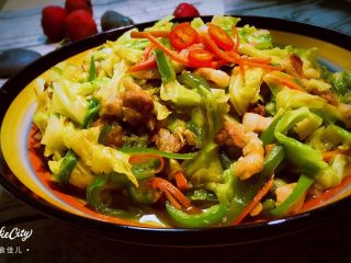 17、实用快手系列@@甘蓝菜尖椒炒肉丝,颜色也是够好看！下饭必备之良品！快手实用。喜欢收了吧！