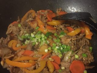 16、另类回锅肉,当看到肉色已经变为酱色并且开始出油之后,尝一下如果偏淡就加一点点盐,加入葱绿即关火,用余温再翻炒一会儿直到葱绿熟透。