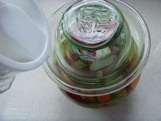 6、四川泡菜,蔬菜放入坛中，必须完全淹没在水里，然后用凉开水密封瓶口，置阴凉通风处，保持水槽内水不要干。