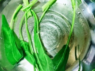 2、蒜蓉空心菜,如图一叶一梗，折成几段