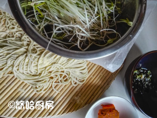 5、重庆小面,准备做小面的材料,一把面条,一点自家发的绿豆芽,葱花和调料。
