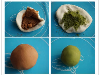 4、雨花石汤圆,将其中的一份和可可粉拌匀揉成咖啡色的面团，一份和抹茶粉拌匀揉成绿色的面团待用，白色的2份面团揉在一起