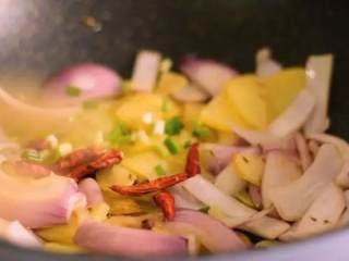 7、简单好学的孜然土豆片,土豆最好吃的做法,百吃不腻,倒入土豆片、干辣椒、香葱，中大火翻炒