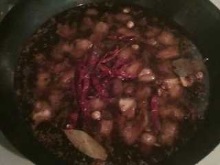 10、冬日进补神器-羊腩火锅,翻炒片刻后加入漫过羊肉2指宽的水量倒入干辣椒。