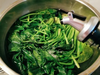 6、菠菜拌花生米,用开水汆烫1-2分钟 水中加入2克盐 几滴食用油