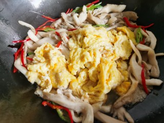 10、平菇炒鸡蛋,加入炒好的鸡蛋。