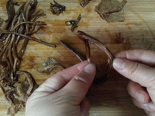 3、#菌类料理# 麻辣茶树菇干锅,将泡软后茶树菇取出用剪刀剪去根头部分、再将粗大点儿的根茎对半撕开，这样吃起来会方便