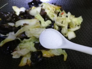 13、白菜炒木耳,加一小勺盐入味，文火炒匀。