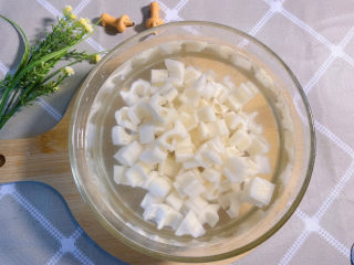 5、糖醋藕丁,泡在水里备用，这样可以洗掉表面的淀粉，还可以防止莲藕氧化变黑