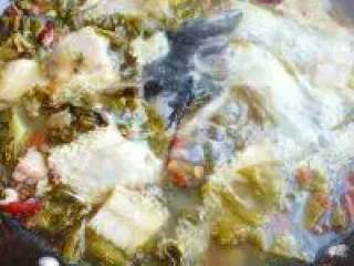 7、江湖酸菜鱼,将鱼头及鱼骨下入，大火烧开，撇去浮沫，煮约10分钟，加入鸡精。