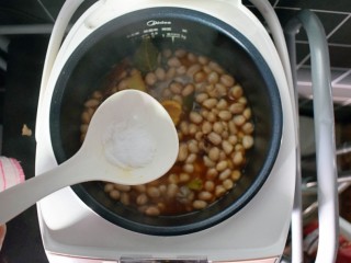 8、水煮花生米（电饭煲版）,再加入适量的食盐。并用勺子搅拌均匀，盖上盖子，继续煮20分钟。