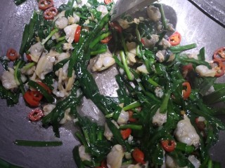 8、韭菜爱上花蛤,加入韭菜，韭菜炒成半透，加入花蛤肉，加入适量盐，鸡精，白胡椒粉。大火爆炒。