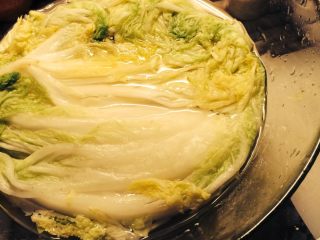 1、辣白菜,白菜洗干净从中间对半剖开，再剖开，分成四等份。用一个大玻璃碗或者盆子，(确保容器无油)，装大半碗(或盆)凉开水，倒入事先准备好的盐，搅拌溶解，自己沾一点尝尝，一定要保证盐水很咸，略微有一点发苦就好，然后把剖开的白菜完全浸泡在盐水中过夜，或者超过6小时。