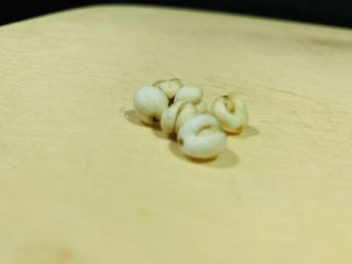 5、川贝炖雪梨,川贝洗净，看起来有点像薏米，闻一下味道，有浓浓的药材味；