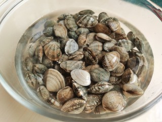 2、花蛤粉丝,花蛤搓洗干净外壳，泡水吐沙。吐沙方法可以参考我的菜谱【花蛤豆腐汤】。