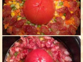 1、黑暗料理之整个番茄饭集锦,所有的操作步骤相同，淘米，加水，米中间挖坑放去皮的整个番茄1个，加入香肠和蔬菜等，盐的量比炒菜量多一些。调味汁（盐糖酱油）同时加入。焖饭的水比平时少些，因为番茄和蔬菜会出汤的。