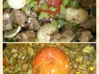 6、黑暗料理之整个番茄饭集锦,加入排骨鸡蛋的整个番茄饭，提前需要把排骨烧制一下，鸡蛋煮熟去皮，连同蔬菜一起加入，最主要的还是整个番茄必须有。下面的是扁豆焖整个番茄饭。