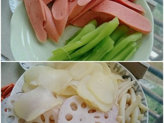 3、水煮龙利鱼,预先准备好喜欢吃菜,这次我准备了青笋,土豆片,藕片,海鲜菇,我想节约时间,就预先分别用水抄熟。