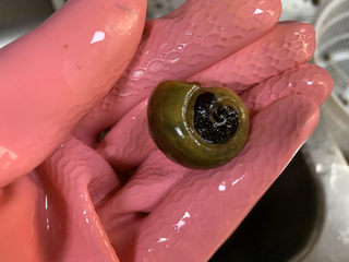 3、爆炒田螺肉,尾部去掉,注意带手套,小心别弄伤自己