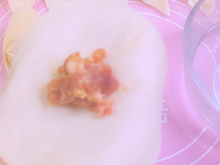 5、红油抄手,再把腌制后的肉末放入饺子皮中间