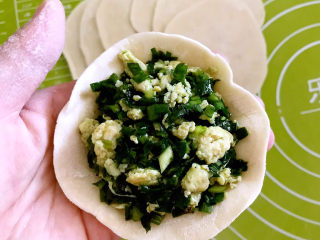 19、鸡蛋韭菜盒子,取一个饺子皮，加入2勺馅料