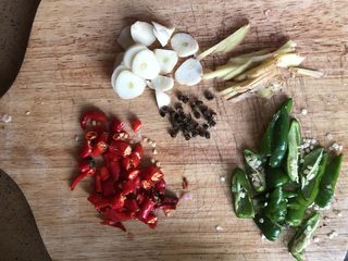 4、家常下饭鸭丝,准备调料，切姜丝、蒜片、青红辣椒