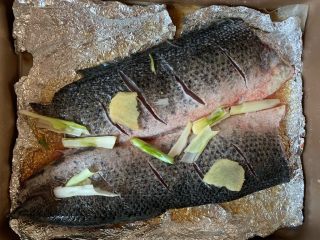 5、烤鱼—黑鱼,鱼下面上面放上姜葱腌制2小时