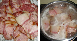 2、莴笋炒腊肉,腊肉去皮切片，焯水备用