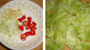 3、莴笋炒腊肉,莴笋去皮改刀切片