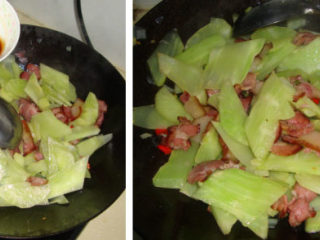 5、莴笋炒腊肉,放入莴笋，加入料酒、生抽，盐炒匀