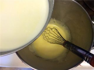 5、健康夏日《黑芝麻冰淇淋》【冷饮】,牛奶液倒入蛋液中，要多次倒入，不停地搅拌，小心别变成蛋花汤！！！