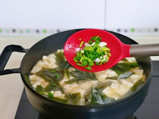 14、海带豆腐汤,撒上葱花，借助余温烫熟即可。
