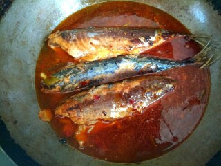 11、香辣鲅鱼,加入适量清水没过鲅鱼，大火烧开