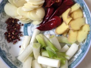 2、自制四川麻辣火锅,葱切段，姜蒜切片，干辣椒，花椒粒准备