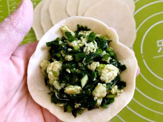 19、韭菜鸡蛋馅饼,取一个面皮，加入2勺馅料