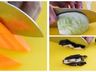 3、家常炒素，餐桌上最走俏的一道菜,胡萝卜切片、包心菜切块、香菇切条。