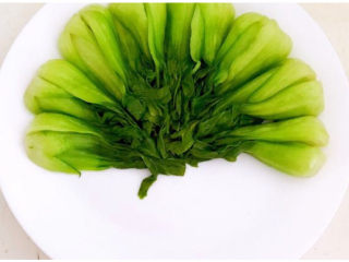 7、青菜炒香菇,把腌制入味的油菜摆在盘子里