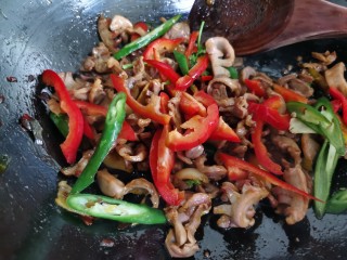 13、辣炒鸡胗,放入辣椒和红椒翻炒。