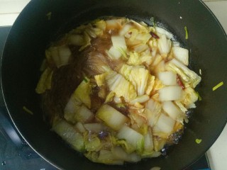 14、大白菜炖粉条,加入适量清水,焖煮入味