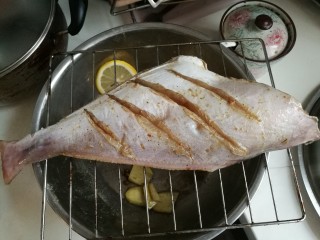 1、柠香烤马面鱼,我白天上班有点忙，所以前一天晚上腌制的鱼。首先洗净鱼，用厨房纸巾吸干水分，把马面鱼身正反各划好口子，撒盐，白胡椒，料酒，姜片，花椒粉。用手涂抹均匀，给鱼身按摩。用保鲜膜封好在冰箱冷藏。